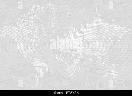 Abstract Dotted Map Gray and White Halftone grunge Effect Background. World map silhouettes. Continental shapes of dots. Radial circular grain Stock Vector