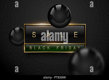 Sale Black Friday luxury banner. Golden text on black green rectangular label frame. Dark geometric pattern background. Vector illustration with black Stock Vector