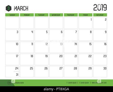 Vector of modern green calendar 2019 ( March ) in simple clean table style.full size 21 x 16 cm; Week start on Sunday Stock Vector