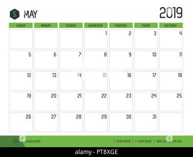 Vector of modern green calendar 2019 ( May ) in simple clean table style.full size 21 x 16 cm; Week start on Sunday Stock Vector