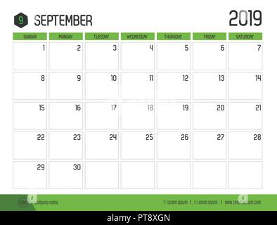 Vector of modern green calendar 2019 ( September ) in simple clean table style.full size 21 x 16 cm; Week start on Sunday Stock Vector
