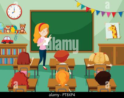 Teacher and students in classroon illustration Stock Vector