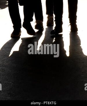 Blurry silhouettes and shadows of legs of  three people walking, in black and white Stock Photo