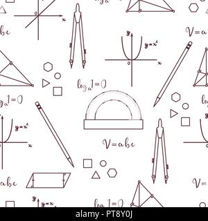 Mathematical scientific vector seamless pattern with geometry plots, tools and formulas. Education elements. Compasses, protractor, pencil, graphics,  Stock Vector