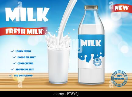 Milk bottle and glass with splash isolated on bokeh background on wooden table. milk products package design. dairy Vector illustration Stock Vector