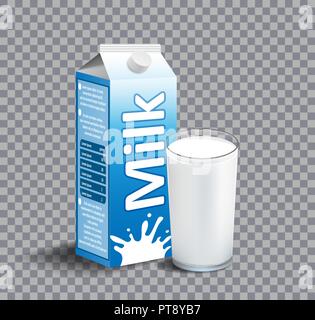Carton package of milk isolated on transparent background. realistic Glass of milk. Dairy product for branding. vector illustration Stock Vector