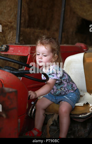 Toddler playing on a tractor. Stock Photo