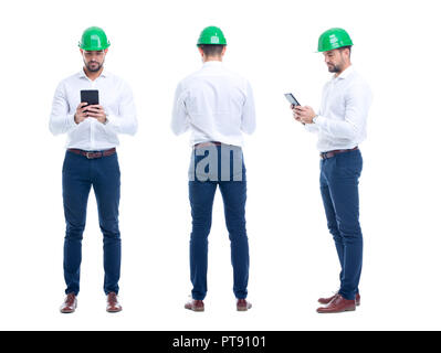 Young engineer checking processes on tablet, isolated on white Stock Photo