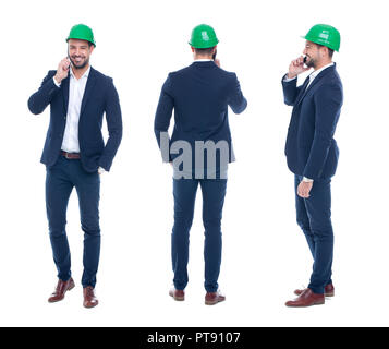 Young  engineer calling by phone, front, side, rear view, isolated on white Stock Photo