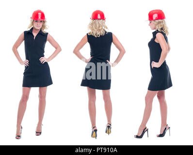 Young engineer woman in formal wear and helmet posing, isolated on white Stock Photo