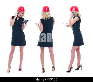 Young engineer woman with tablet calling by phone, front, side, rear view, isolated on white Stock Photo