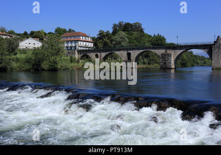 Portugal Minho Region, Ponte da Barca. Roman bridge over the Lima River - Rio Lima. Stock Photo