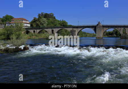 Portugal Minho Region, Ponte da Barca. Roman bridge over the Lima River - Rio Lima. Stock Photo