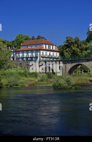 Portugal Minho Region, Ponte da Barca. Roman bridge over the Lima River - Rio Lima. Stock Photo