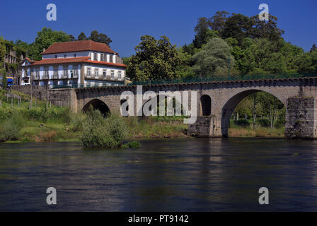 Portugal Minho Region, Ponte da Barca. Roman bridge over the Lima River - Rio Lima. Stock Photo