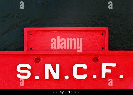 Creches, France - October 5, 2017: SNCF sign on a train. SNCF is the National society of French railway in France Stock Photo