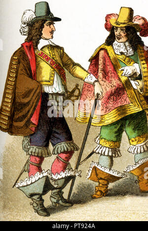 The Figures represented here are  French people living in the 17th century, specifically between 1600 and 1670. They are two lords of the court. The illustration dates to 1882. Stock Photo