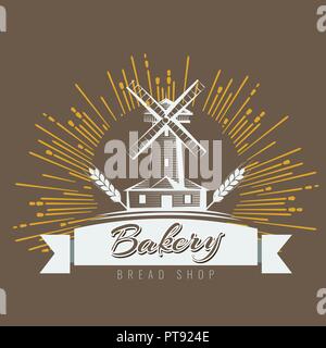 Farm, rural landscape logo or label. Agriculture, agribusiness, village, mill icon. Vintage vector illustration Stock Vector