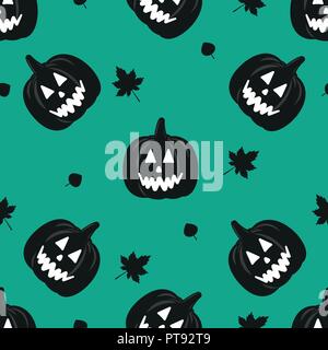 Halloween seamless pattern with Jack-o'-lantern Vector illustration Pattern with halloween symbol: jack-pumpkin head and silhouette of maple leaves Stock Vector