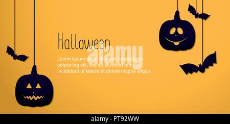 Halloween pumpkins Vector illustration Lilac paper cut jack-pumpkin's heads and bats on yellow background Template with copy space Stock Vector