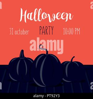 Halloween pumpkins Vector illustration Three pumpkins on the wooden floor Illustration in lilac and orange colours with copy space Cartoon style Stock Vector