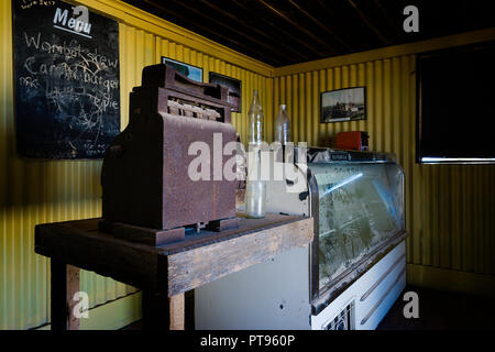 Interior of Old Nullabor Roadhouse shop is now a historical display.  Nullarbor Roadhouse, South Australia Stock Photo