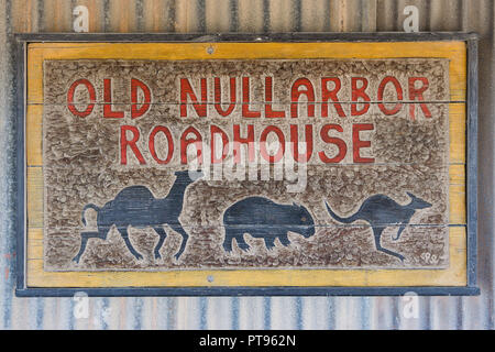Nullabor Roadhouse sign on wall of historic roadhouse, now a historical display.  Nullarbor Roadhouse, South Australia Stock Photo