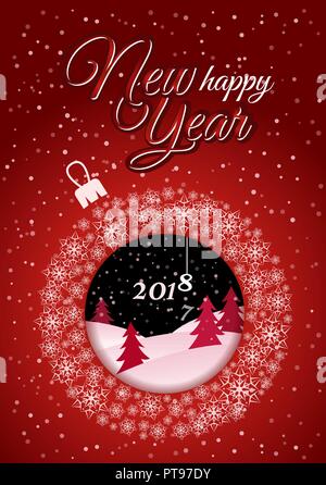 Vertical red Christmas card. White Christmas ball made of snowflakes with a picture inside night winter forest text Merry Christmas 2018. Stock Vector