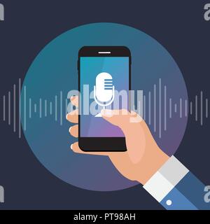 Hand with mobile phone with microphone button and intelligent technologies in flat style.  Personal assistant and voice recognition concept. Vector Illustration Stock Vector
