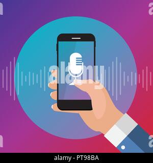 Hand with mobile phone with microphone button and intelligent technologies in flat style.  Personal assistant and voice recognition concept. Vector Illustration Stock Vector