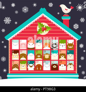 Christmas advent calendar with house and cute animals icons with numbers. Merry Christmas design. EPS8 Stock Photo