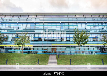 Exterior of large modern commercial office building with glass windows and trees in foreground. Stock Photo