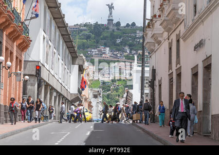 UNESCO World heritage  Centre Quito Ecuador. El Panecillo Monument to the Virgin of Quito Ecuador from Venezuela street Quito Ecuador Stock Photo