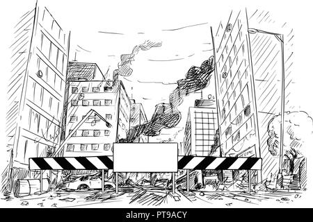 Hand Drawing of City Street Destroyed by War or Riot or Disaster Stock Vector