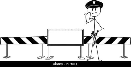 Hand Drawing of Policemen Standing Near Road Block With Empty Sign Stock Vector