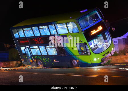 A bus crashes into a wall in Kippax, Leeds. West Yorkshire. UK. Stock Photo