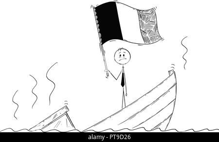 Cartoon of Politician Standing Depressed on Sinking Boat With Flag of Belgium or France Stock Vector