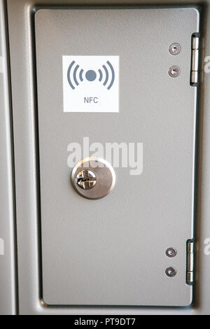 Close-up closed box with equipment for NFC or wireless internet or Wi-Fi in the train. Stock Photo