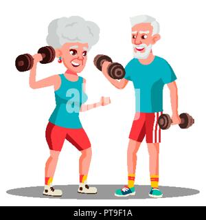 Elderly Couple Doing Sports With Dumbbells Together Vector. Isolated Illustration Stock Vector