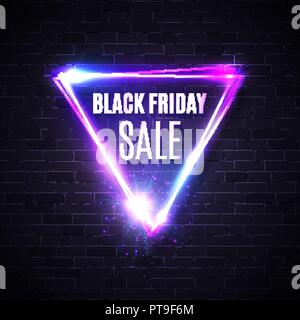 Black friday banner. Neon triangle background. Shining geometric shape. Glowing tag. Modern shopping sign on brick backdrop. Black friday sales design. Electric vector illustration. Stock Vector