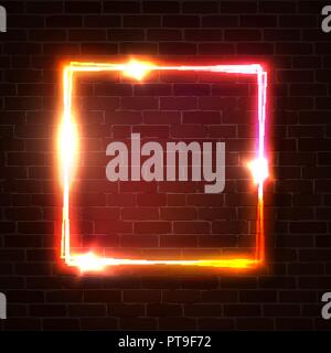 Bright glowing square background vector shape on dark red brick wall. Realistic electric power 3d sign. Geometric neon lights signage. Rectangle electricity border. Neon abstract vector illustration. Stock Vector