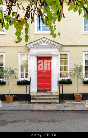 Red painted door with ornate white surround and stone steps in Salisbury Cathedral close UK Stock Photo