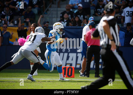 Los Angeles, USA. October 07, 2018 Los Angeles Chargers running back Austin Ekeler (30) carries the ball during the football game between the Oakland Raiders and the Los Angeles Chargers at the StubHub Center in Carson, California. Charles Baus/CSM Credit: Cal Sport Media/Alamy Live News Stock Photo
