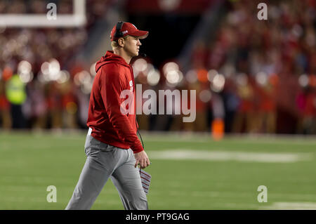 Madison, WI, USA. 6th Oct, 2018. Nebraska head coach Scott Frost during the NCAA Football game between the Nebraska Cornhuskers and the Wisconsin Badgers at Camp Randall Stadium in Madison, WI. Wisconsin defeated Nebraska 41-24. John Fisher/CSM/Alamy Live News Stock Photo