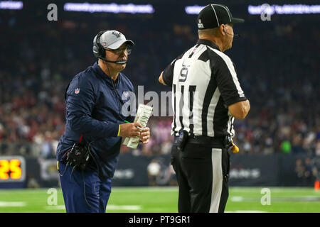 Houston, TX, USA. 7th Oct, 2018. Houston Texans head coach Bill O'Brien attempts to call a timeout at the end of the second quarter against the Dallas Cowboys in the NFL football game between the Houston Texans and the Dallas Cowboys at NRG Stadium in Houston, TX. John Glaser/CSM/Alamy Live News Credit: Cal Sport Media/Alamy Live News Stock Photo