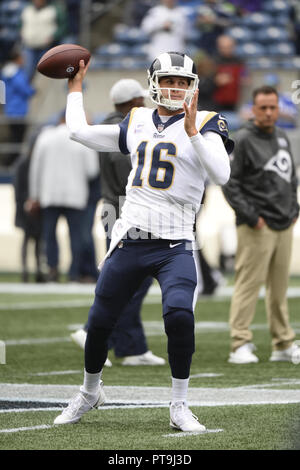 Seattle, Washington, USA. 7th Oct, 2018. Rams quarterback JARED GOFF (16) warms pregame as the Los Angeles Rams play the Seattle Seahawks in a NFC West game at Century Link Field in Seattle, WA. Credit: Jeff Halstead/ZUMA Wire/Alamy Live News Stock Photo