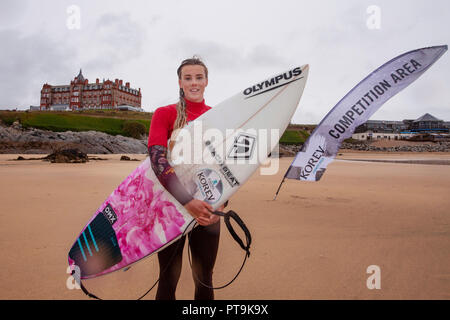 Newquay, UK. 6th October 2018.  Women's winner Lucy Campbell  Featuring teams from Scotland, Wales, England and the Channel Islands, the Cup was eventually won by England, With Jay Quinn of Wales winning the men's division and Lucy Campbell of England winning the overall women's.  Credit Mike Newman / Alamy Live News Stock Photo