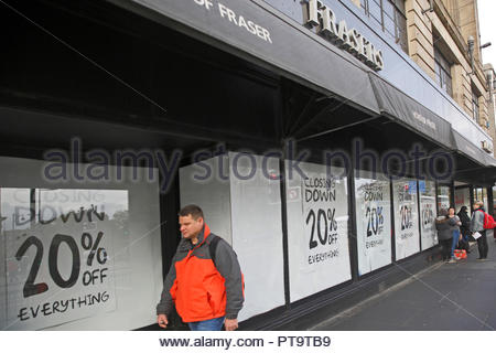 Edinburgh, United Kingdom. 8th October, 2018. House of Fraser Department Store Closing down sale 20% off everything. In June 2018 the company announced that it would close 31 of its 58 UK stores including Edinburgh Frasers, Princes Street. A closing down sale is now in operation and currently the shop is due to close permanently in January 2019. Credit: Craig Brown/Alamy Live News. Stock Photo