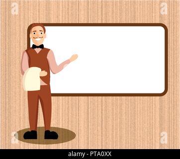 Flat design business Vector Illustration concept template copy space text for Ad website esp isolated 3d isometric. Male Waiter Smiling Standing in Un Stock Vector