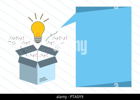 Flat design business Vector Illustration concept template copy space text for Ad website esp isolated 3d isometric. Bulb Glowing over Open Empty 3D Bo Stock Vector